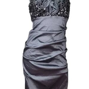 Betsy & Adam  women's dark gray metallic taffeta ruched appliqué cocktail dress